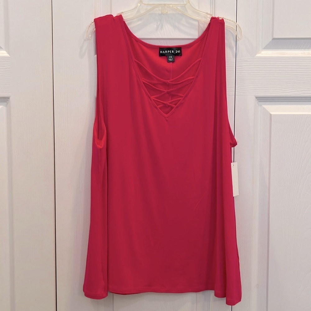 # NWT Hot pink 2X sleeveless top with lace up neckline